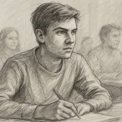 The Hidden Message in Student Silence: What They’re Waiting for You to Admit 8 A pencil sketch of a student silently observing in class, capturing the quiet intensity and reflective pause.
