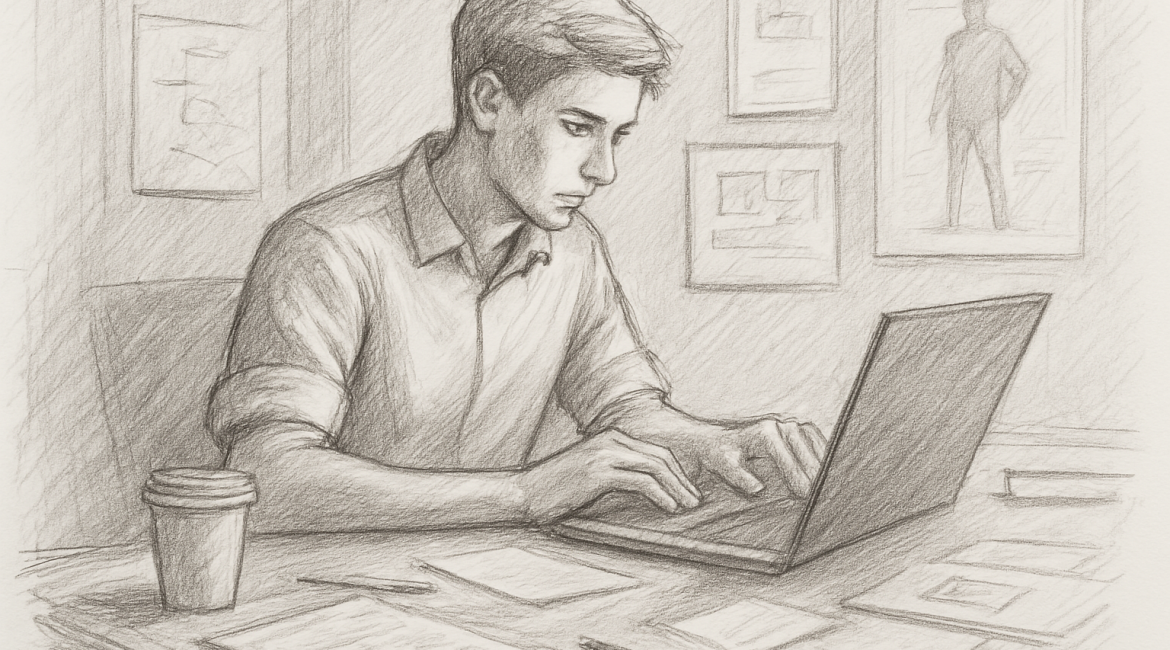 Pencil sketch of a focused young man prototyping his career at a desk with a laptop, surrounded by papers, symbolizing the shift from traditional career fairs to hands-on, portfolio-based exploration.