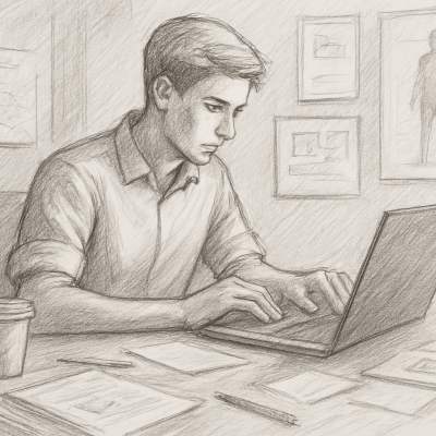 The Death of Career Fairs and the Rise of Career Prototyping 7 Pencil sketch of a focused young man prototyping his career at a desk with a laptop, surrounded by papers, symbolizing the shift from traditional career fairs to hands-on, portfolio-based exploration.
