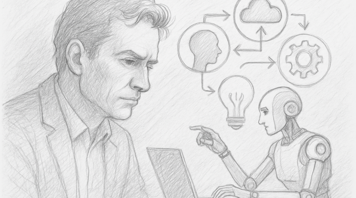 Pencil sketch of a human and robot collaborating, symbolizing human creativity and ethics in the AI age.