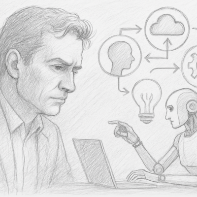 Pencil sketch of a human and robot collaborating, symbolizing human creativity and ethics in the AI age.