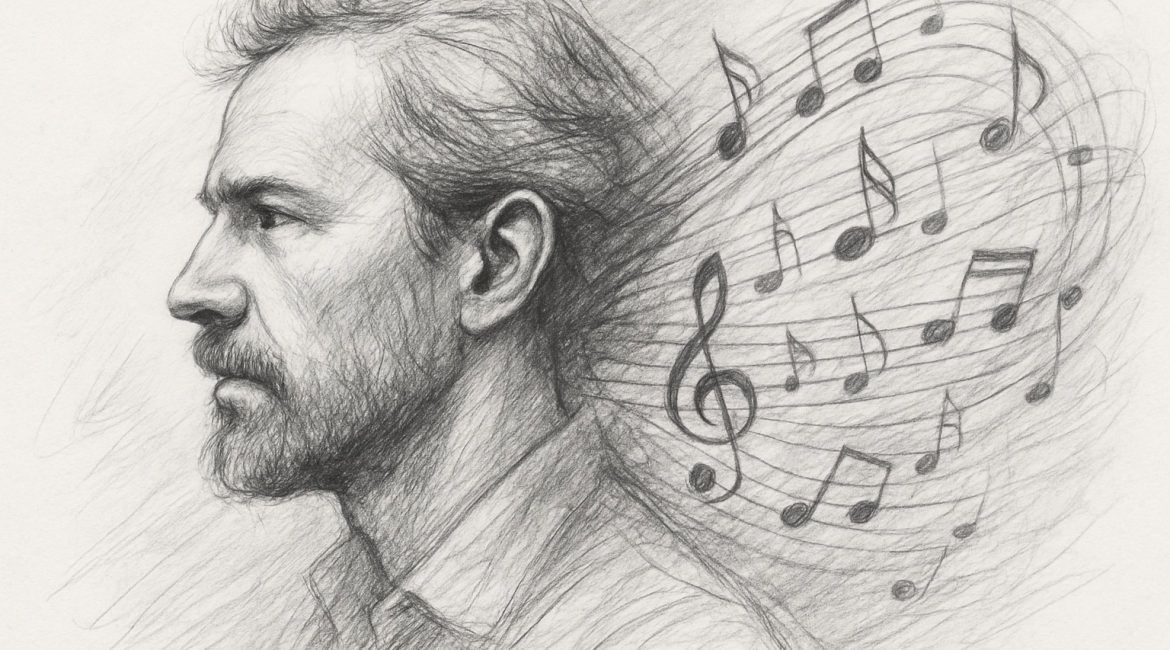 Sketch of a man whose thoughts transform into music, symbolizing the soulful power of human uniqueness in an AI-driven world.