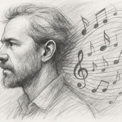 The Shift from “Safe” to Soulful: Reclaiming Your True Edge 4 Sketch of a man whose thoughts transform into music, symbolizing the soulful power of human uniqueness in an AI-driven world.