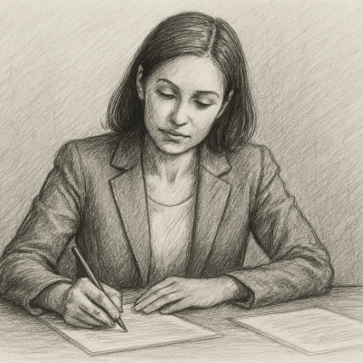 Why Résumés Fail (And Stories Don’t) 3 A professional woman writing at a desk, capturing the quiet power of turning a résumé into a compelling story of transformation and value.