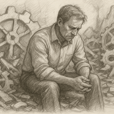 A laid-off worker sits among broken machine parts, symbolizing the emotional weight of AI-driven job loss and the deeper systemic failure behind it.