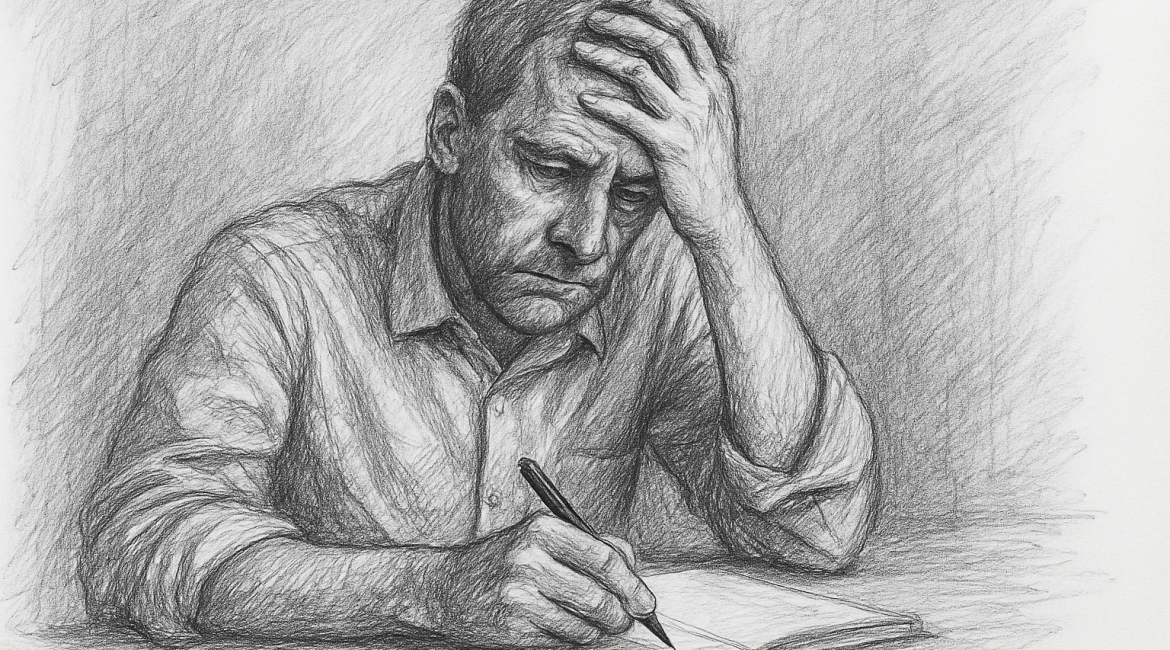 Illustration showing a man deep in thought, hand on his forehead, writing in a notebook—capturing the quiet struggle of rediscovering purpose and identity after a job loss.