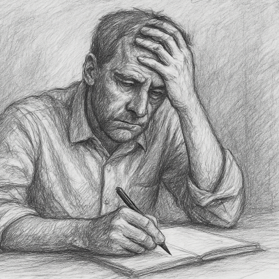 Rediscovering the Story AI Can’t Replace 1 Illustration showing a man deep in thought, hand on his forehead, writing in a notebook—capturing the quiet struggle of rediscovering purpose and identity after a job loss.