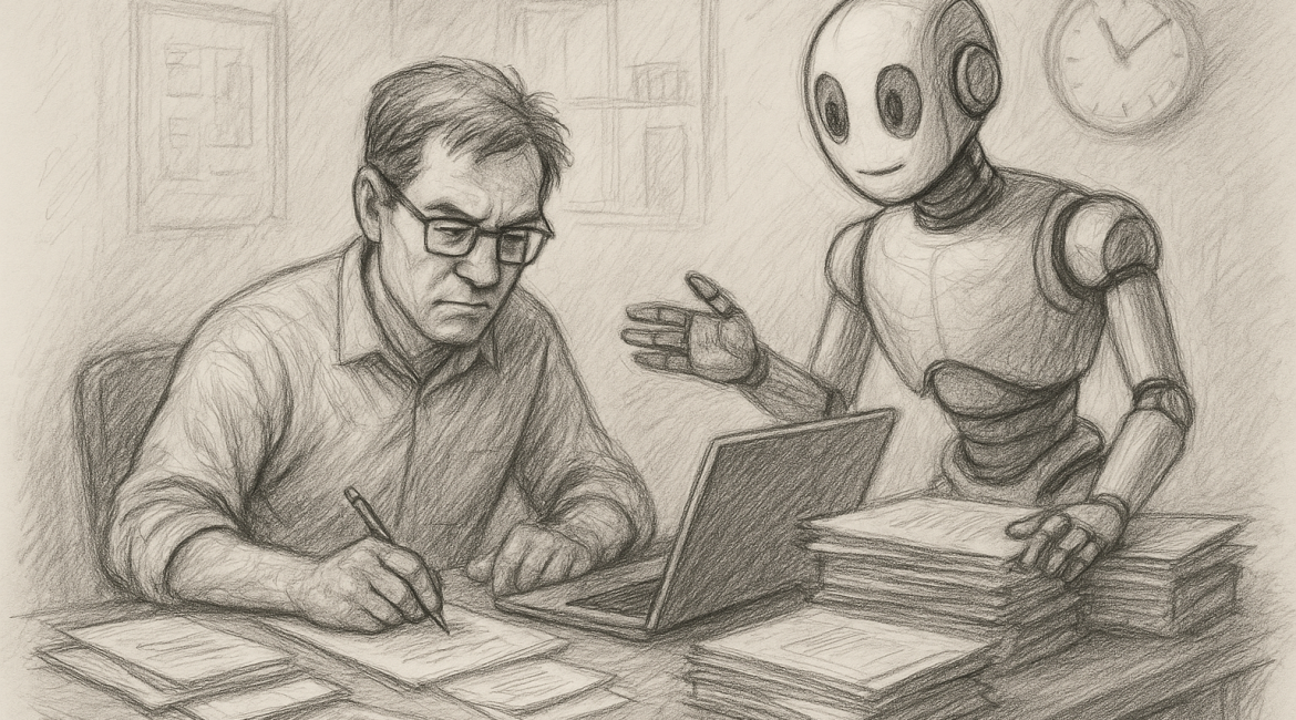 Pencil sketch of a business owner aided by a robot, symbolizing AI handling busywork.