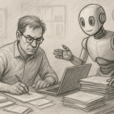 Pencil sketch of a business owner aided by a robot, symbolizing AI handling busywork.