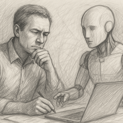 Illustration of a man and AI collaborating, symbolizing AI as a thinking partner.