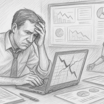 A frustrated man battles spreadsheet chaos as AI silently offers smarter solutions.