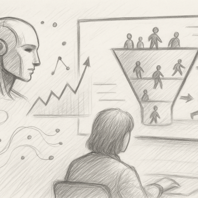 A pencil sketch showing a person analyzing a customer funnel on a screen, guided by an AI figure detecting patterns and predicting behavior.