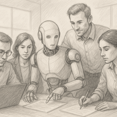 An AI-augmented team: four professionals collaborating with a humanoid robot in an office, symbolizing enhanced productivity and teamwork through AI integration.