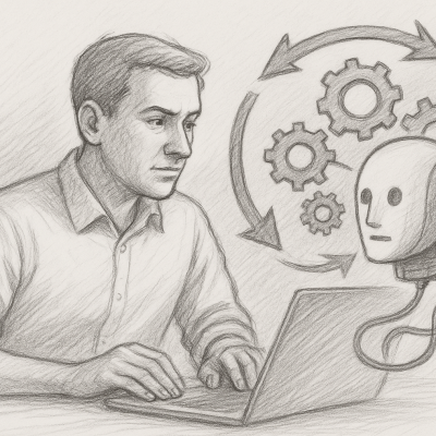 Sketch of a business owner at a laptop, focused and engaged, while an AI-powered robot floats nearby, surrounded by gears and arrows.