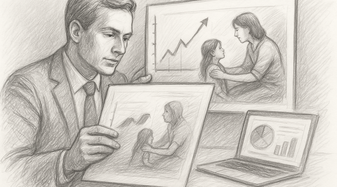 Illustration of a professional presenting data alongside a heartfelt image of a woman and child—visually blending statistics with human impact to show how stories bring metrics to life.