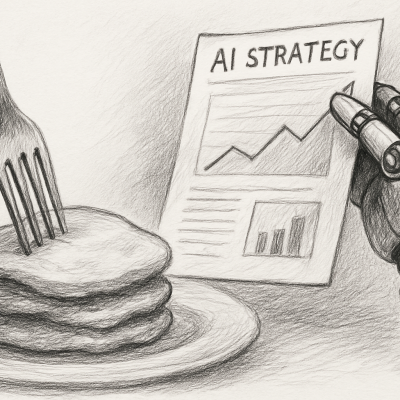 A black-and-white pencil sketch shows a robotic hand holding an “AI Strategy” report while a fork pierces pancakes—symbolizing how company culture consumes strategy without real adoption.