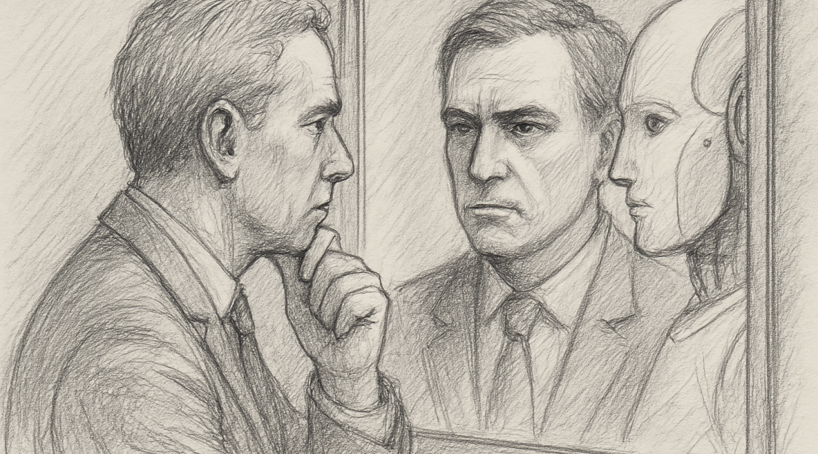 A pencil sketch of a leader staring into a mirror, where his reflection reveals both himself and a robotic face—symbolizing AI as a mirror to leadership.