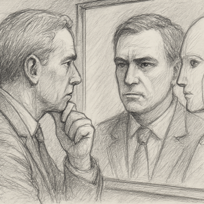 A pencil sketch of a leader staring into a mirror, where his reflection reveals both himself and a robotic face—symbolizing AI as a mirror to leadership.