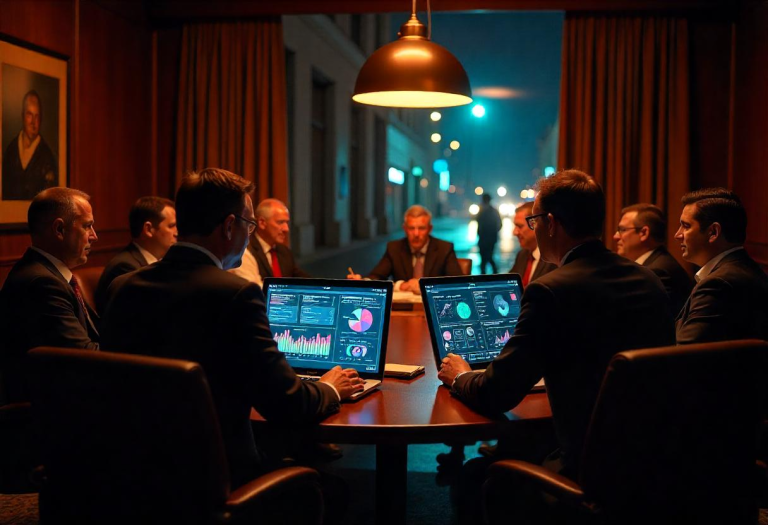 A boardroom where executives are presenting flashy AI dashboards, but behind them, their shadows are slumped or walking away.