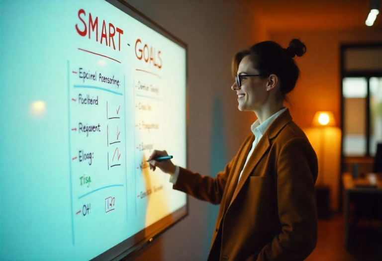 A leader standing confidently in front of a whiteboard, mapping out goals, focused on driving clear, actionable progress.
