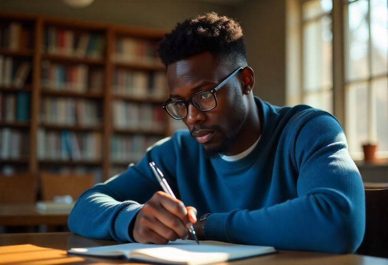 A watchful student with a pen in hand, pausing to evaluate whether the adult world is finally being real.