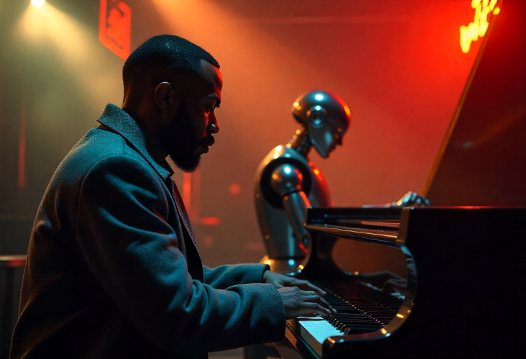 A thoughtful human observes a robot, symbolizing orchestration in the machine age.