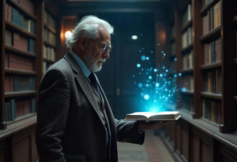 A determined elderly male stands in a grand library, surrounded by towering bookshelves, a single holographic book floating before him representing the knowledge of AI transformation.