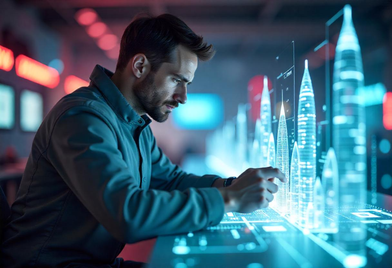 A man crafting a futuristic scene, representing how action—not waiting—reveals the path forward in AI.