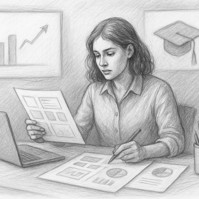 Rethinking the Value of College in a Portfolio-First World 4 A student sitting at a desk, reviewing projects and building a portfolio, showing that real-world proof now matters as much as the degree itself.