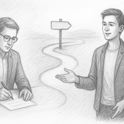 A pencil sketch showing the transformation from traditional career counselor to future coach, connected by a winding path toward new opportunities.