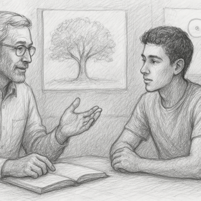 A mentor and student share a thoughtful conversation, bridging knowledge and purpose in a quiet, focused moment.