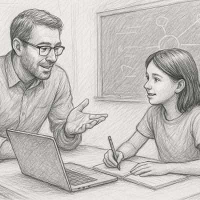 A teacher and student explore answers together, turning the classroom into a shared journey of curiosity, adaptability, and lifelong learning.