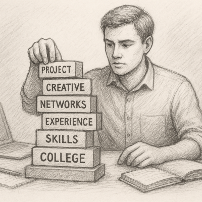 Beyond the Degree: Helping Students Future-Proof Their Education 5 A pencil sketch of a young man stacking labeled blocks representing education, skills, and experience, with books and a laptop on the table.