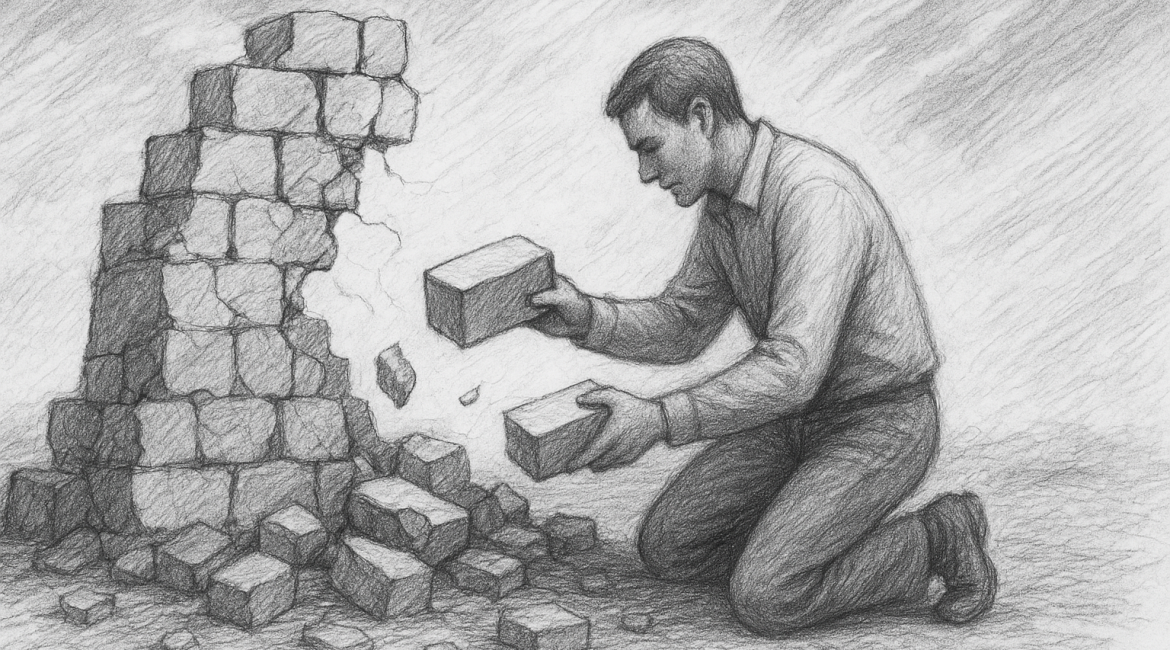A pencil sketch of a man kneeling and carefully rebuilding a crumbling brick wall.