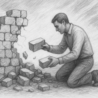 How to Rebuild Your Guidance Practice When the System Is Falling Apart 4 A pencil sketch of a man kneeling and carefully rebuilding a crumbling brick wall.