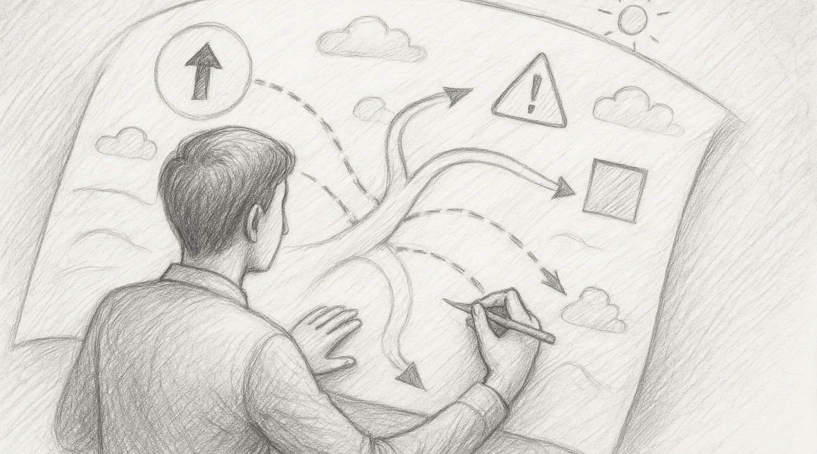 Why the Future Is Not a Forecast, It’s a Design Process 1 A pencil sketch of a person mapping multiple future pathways, symbolizing the shift from prediction to designing adaptable strategies.