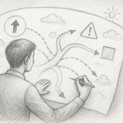 Why the Future Is Not a Forecast, It’s a Design Process 3 A pencil sketch of a person mapping multiple future pathways, symbolizing the shift from prediction to designing adaptable strategies.
