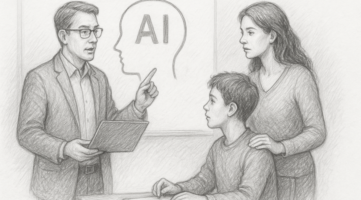 A pencil sketch of an educator explaining AI to a parent and child, highlighting the importance of AI literacy without requiring technical expertise.
