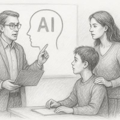 Teaching AI Fluency Without Becoming a Tech Guru 2 A pencil sketch of an educator explaining AI to a parent and child, highlighting the importance of AI literacy without requiring technical expertise.