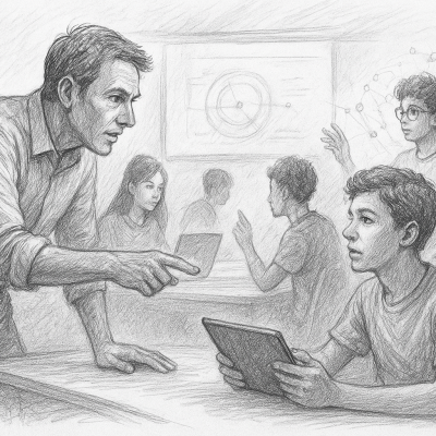The Evolution of Education Starts With You 1 Illustration of a teacher and student collaborating in a tech-enhanced classroom, symbolizing adaptive learning and co-evolution in education.