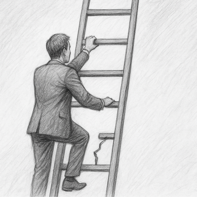 A man in a suit climbs a ladder with a missing rung, symbolizing the vanished entry-level step in today’s career ladder and the need for redesigned pathways.
