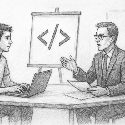 A pencil sketch of a job interview where skills and code replace traditional degrees as the new hiring currency.