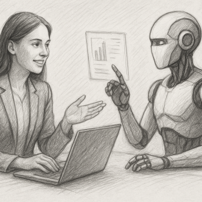 Illustration of a young professional collaborating with a robot, symbolizing hybrid readiness and the shift from traditional internships to human-AI partnerships.