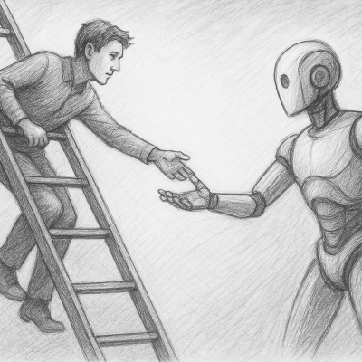 A young professional reaches from a ladder toward an AI robot’s hand, symbolizing the balance between human growth and automation in the workplace.