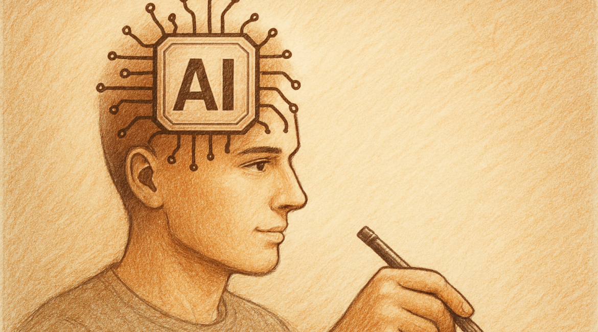 A person writing, with an AI microchip illustrated above their head.
