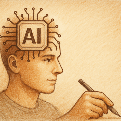 A person writing, with an AI microchip illustrated above their head.