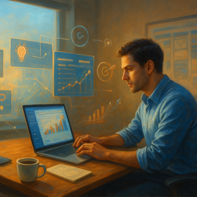 A man working at a desk on his laptop with digital charts and graphs floating around him in a warm, modern office.