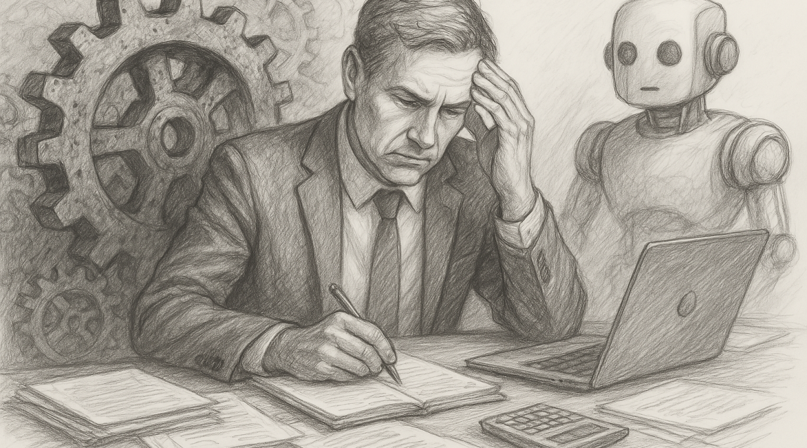 Sketch showing a business leader overwhelmed by outdated systems, as a robot stands by ready to help modernize operations.