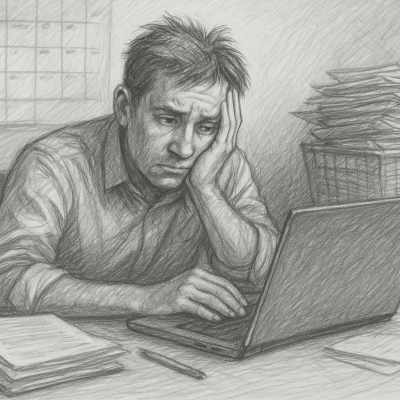 A stressed man at a cluttered desk, overwhelmed by paperwork, email, and a laptop—capturing the mental fatigue of handling repetitive business tasks without AI help.
