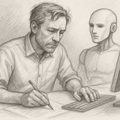 Sketch of a focused entrepreneur working at a desk alongside a humanoid AI assistant.